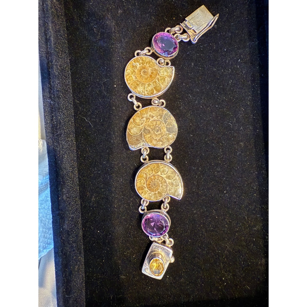 Sterling Fosilized Ammonite Bracelet with Amethyst and Citrine